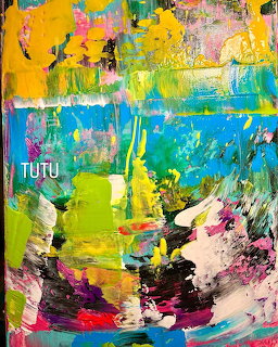 Abstract painting with bold brushstrokes in yellow, blue, green, and pink creating an energetic colorful composition