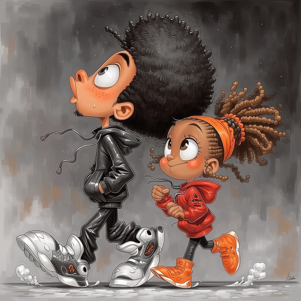 Two cartoon children with big eyes walking together, one in black outfit, one in orange, against gray backdrop