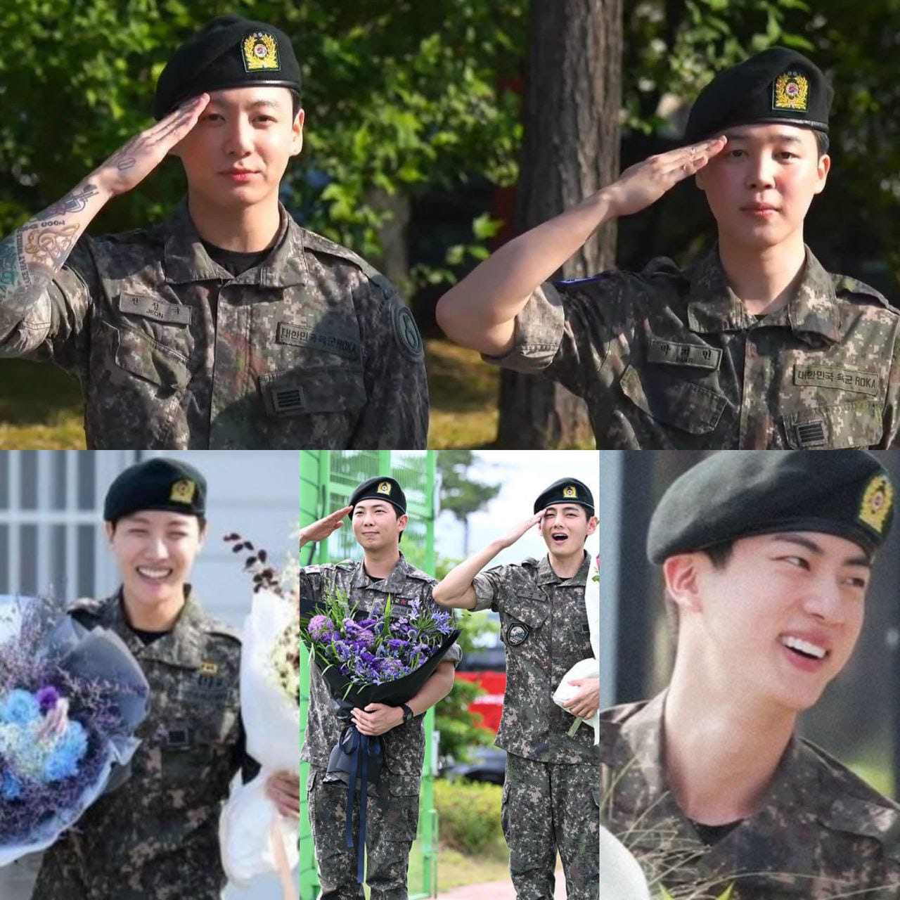 Collage of young Asian men in military uniforms saluting and holding bouquets at discharge ceremony
