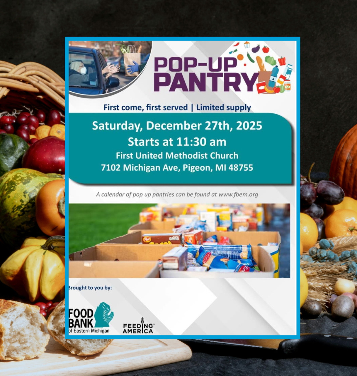 Pop-Up Pantry event flyer with bread, fruit, and vegetables in the background