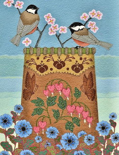 Illustrated chickadees on a birch bark basket with pink and blue flowers and butterflies