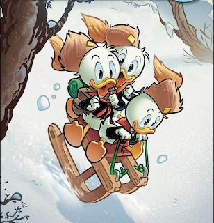 Huey, Dewey, and Louie sledding together on wooden sled in snow