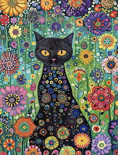 Black cat with yellow eyes sits among vibrant mandala flowers and decorative floral patterns