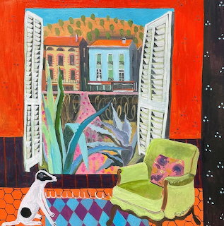 Vibrant painting of open window with shutters, potted plants, dog on patterned cushions, and colorful buildings visible outside