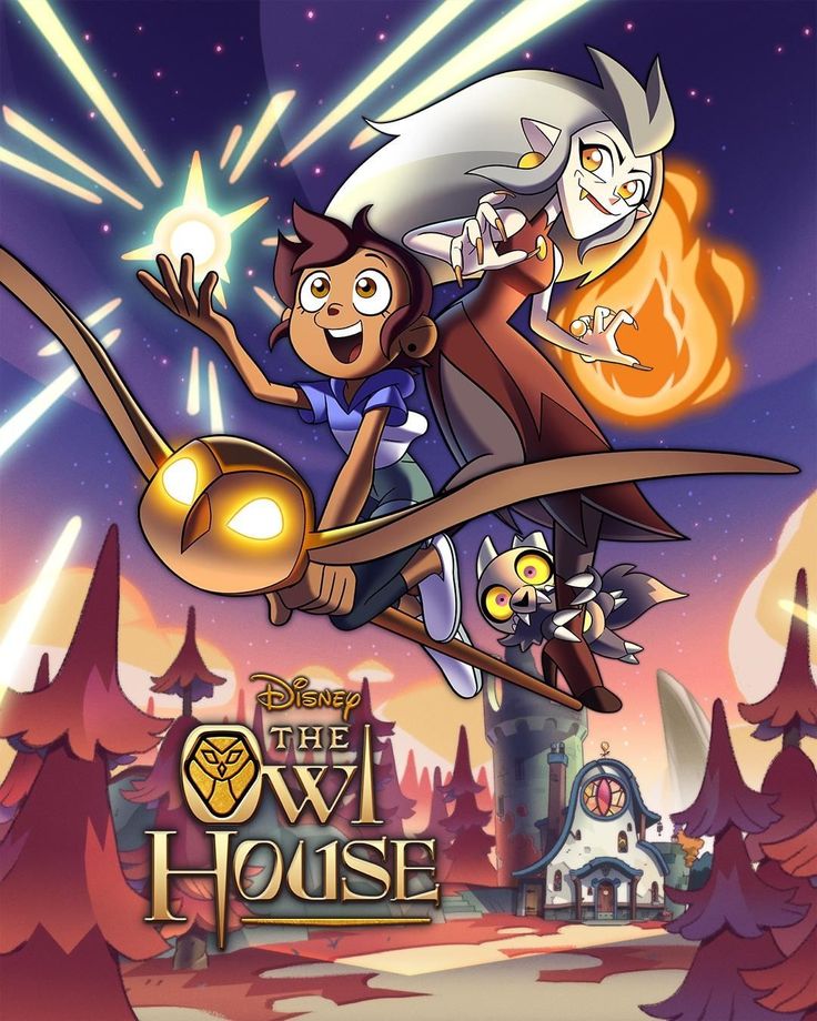 Disney's The Owl House cartoon poster with Luz and Eda flying on a magic staff over a dark fantasy village