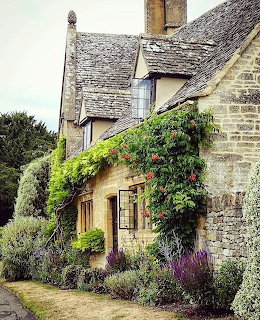 Stone cottage with green climbing plants and purple flowers along exterior wall