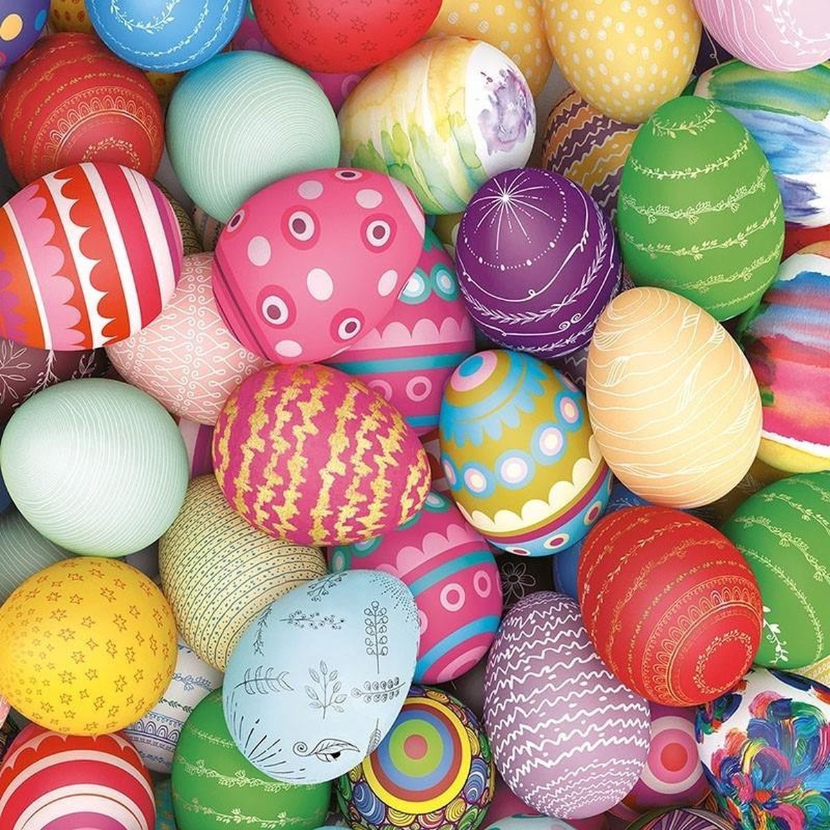 Colorful decorated Easter eggs with various patterns including stripes, dots, and geometric designs