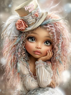 Digital illustration of a cute big-eyed doll with pink curly hair wearing a white top hat with roses