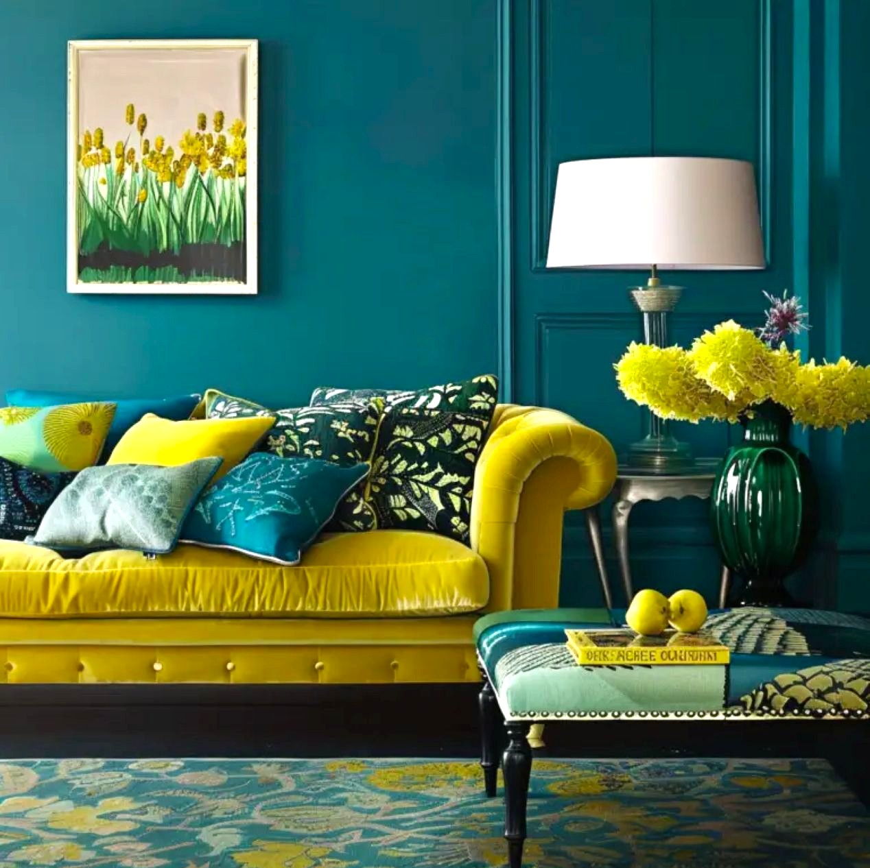 Colorful living room with teal walls, yellow sofa, patterned cushions, lamp, and flowers