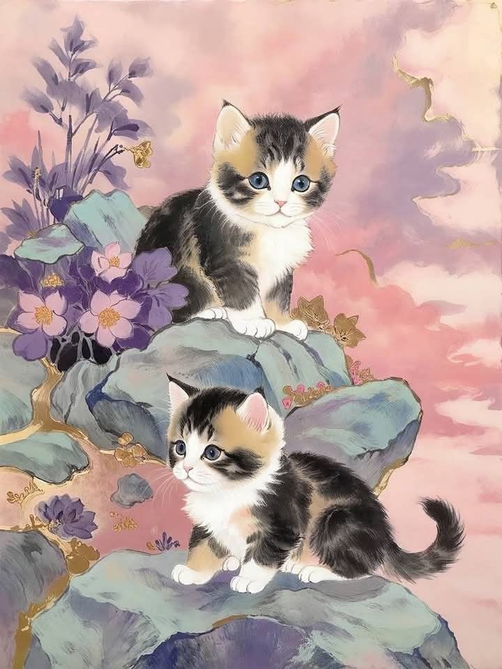Pastel painting of two black and white kittens on rocky ledges with purple flowers and a pink background