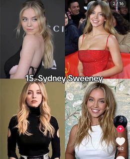 Collage of four photos of a blonde woman in various outfits including red dress and black turtleneck
