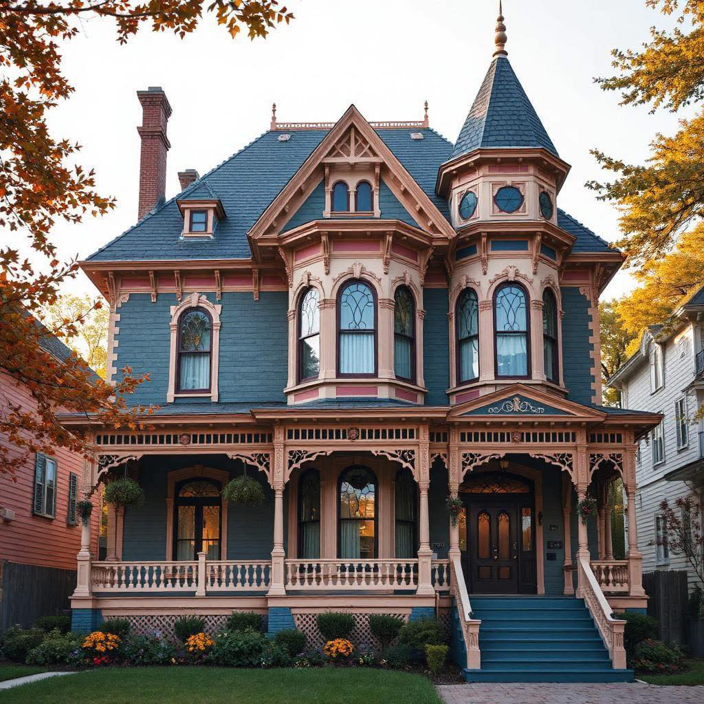 Ornate blue Victorian mansion with turret and wraparound porch in autumn setting