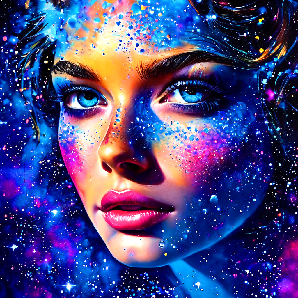 Close-up of a woman's face with blue eyes and colorful cosmic paint in a vibrant digital illustration