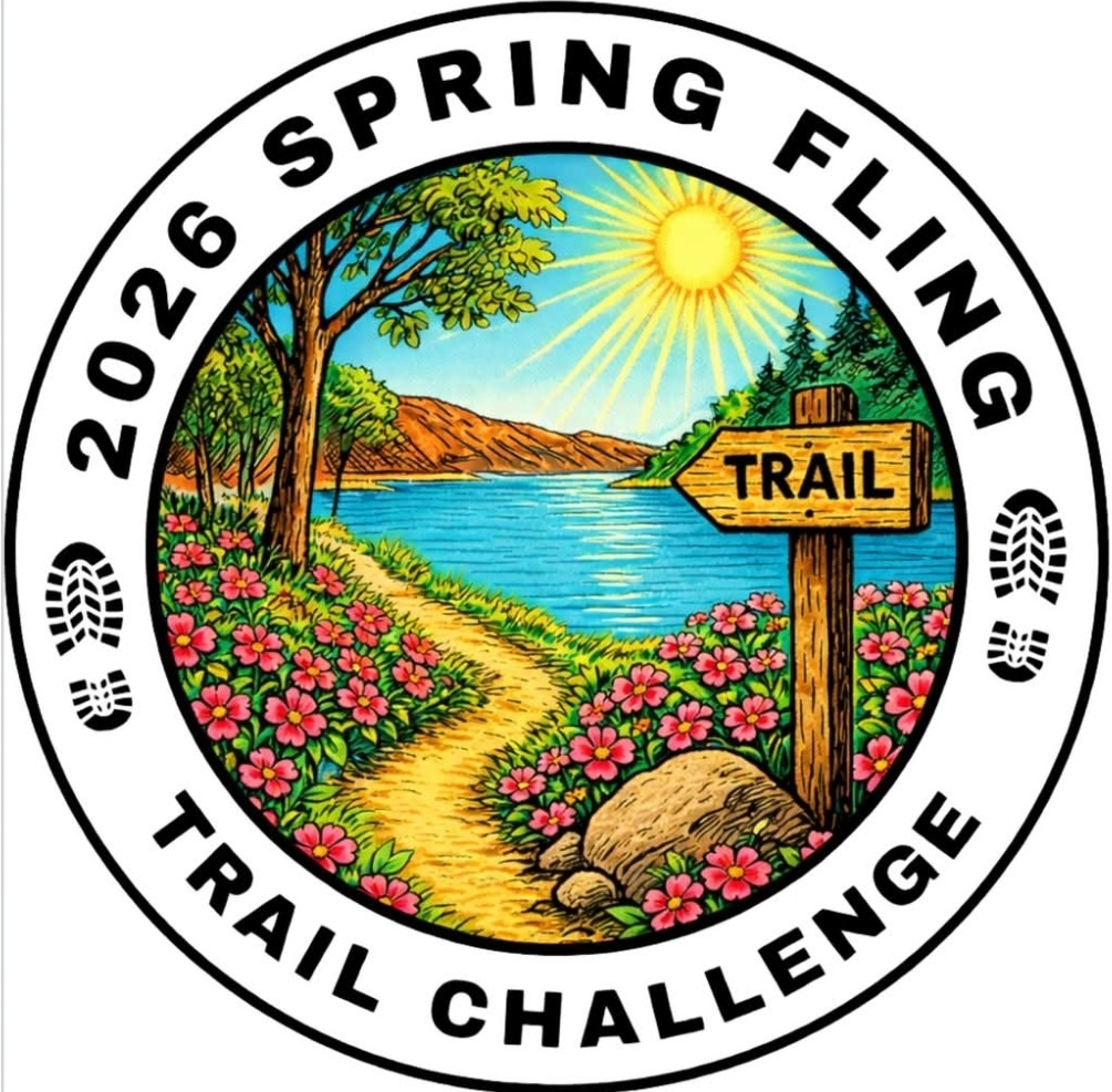 Circular illustration of a sunny lakeside trail with flowers, mountains, a tree, and a wooden trail sign