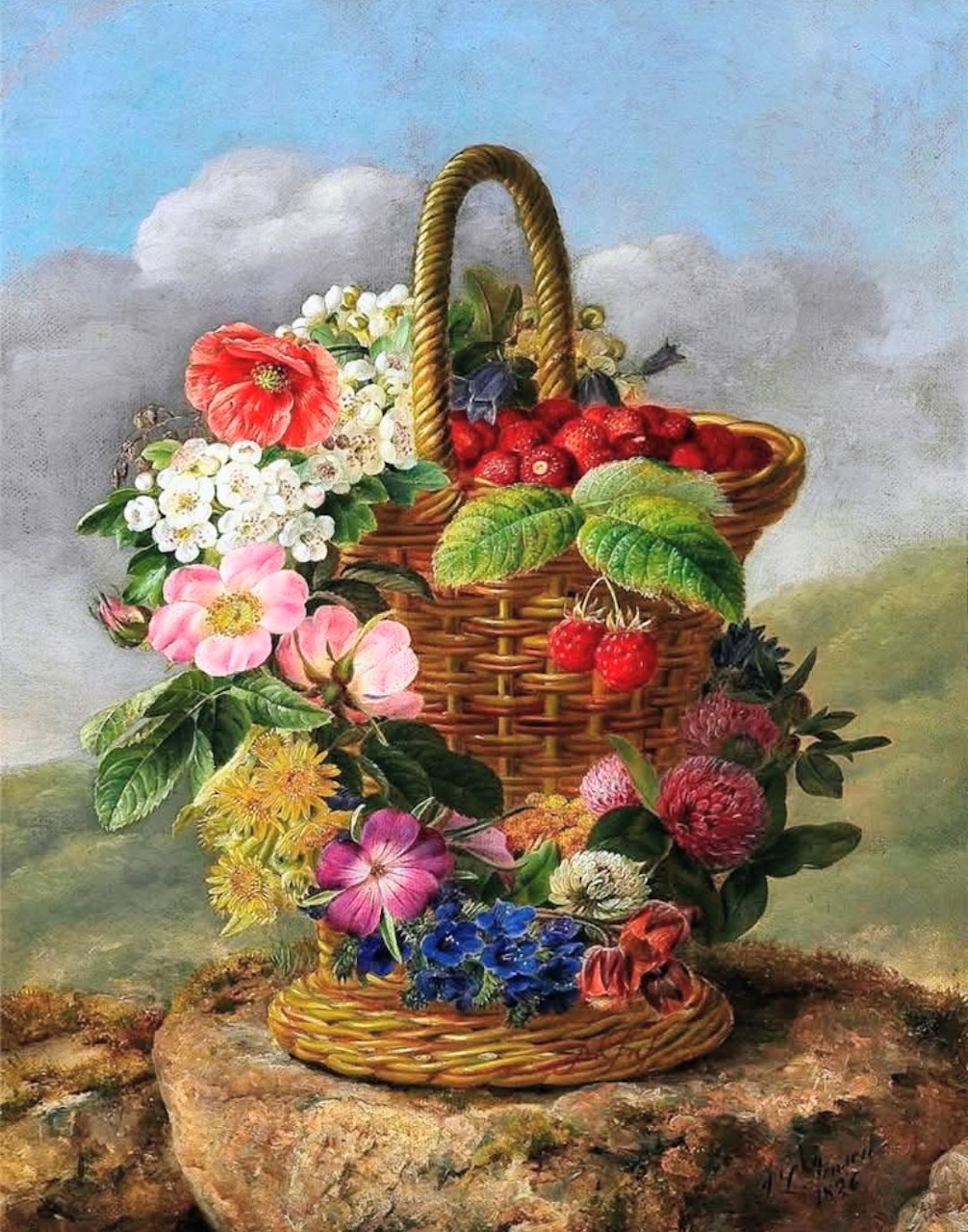Oil painting of a wicker basket with strawberries and raspberries surrounded by pink, white, and yellow flowers on a rock