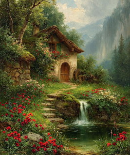 Stone cottage with garden and small waterfall in misty mountain glen