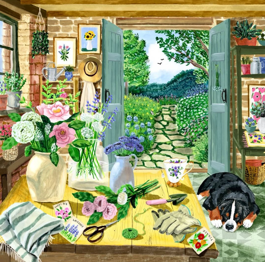 Bright greenhouse interior with potted flowers, gardening supplies, and a border collie resting by open doors to a garden