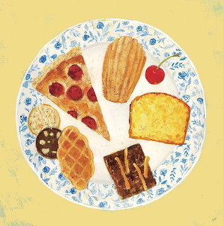 Illustration of a plate holding pizza, bread, cookies, waffle, pastry, toast, and cherries