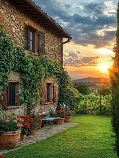 Ivy-covered stone house with terracotta roof at sunset, lawn and potted flowers in foreground, hills beyond