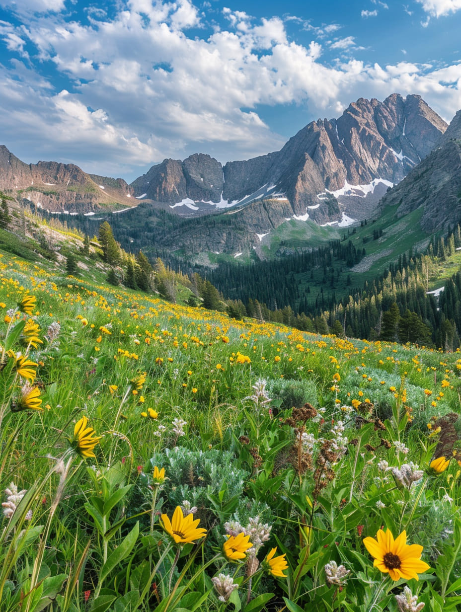 Mountain peaks and evergreen forest reflected in an alpine lake in Absaroka-Beartooth Wilderness, Montana.