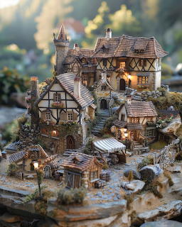 Detailed miniature diorama of a medieval village with half-timbered houses and glowing windows