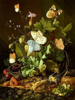 Still life painting of butterflies, plants, fruit, and a small mouse against a dark background