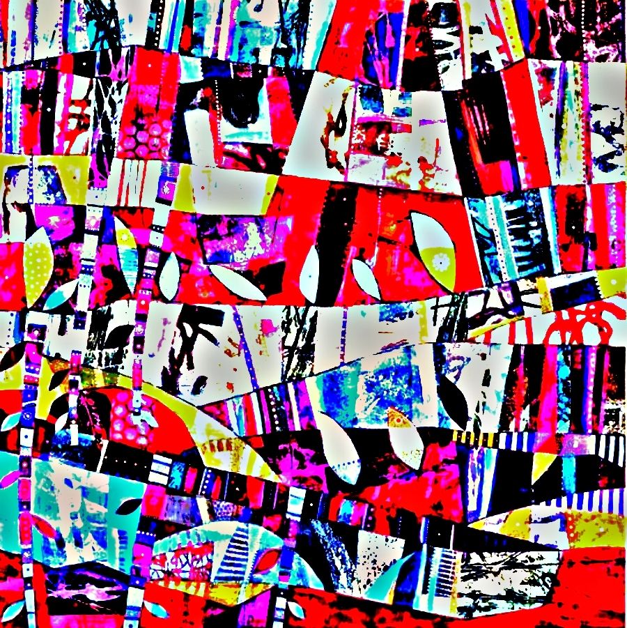 Colorful abstract collage of fragmented geometric shapes in red, pink, blue, black, and white