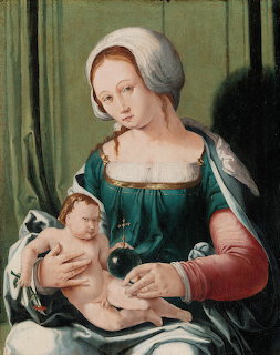 Renaissance painting of the Virgin Mary in a teal gown holding the baby Jesus against dark green curtain backdrop
