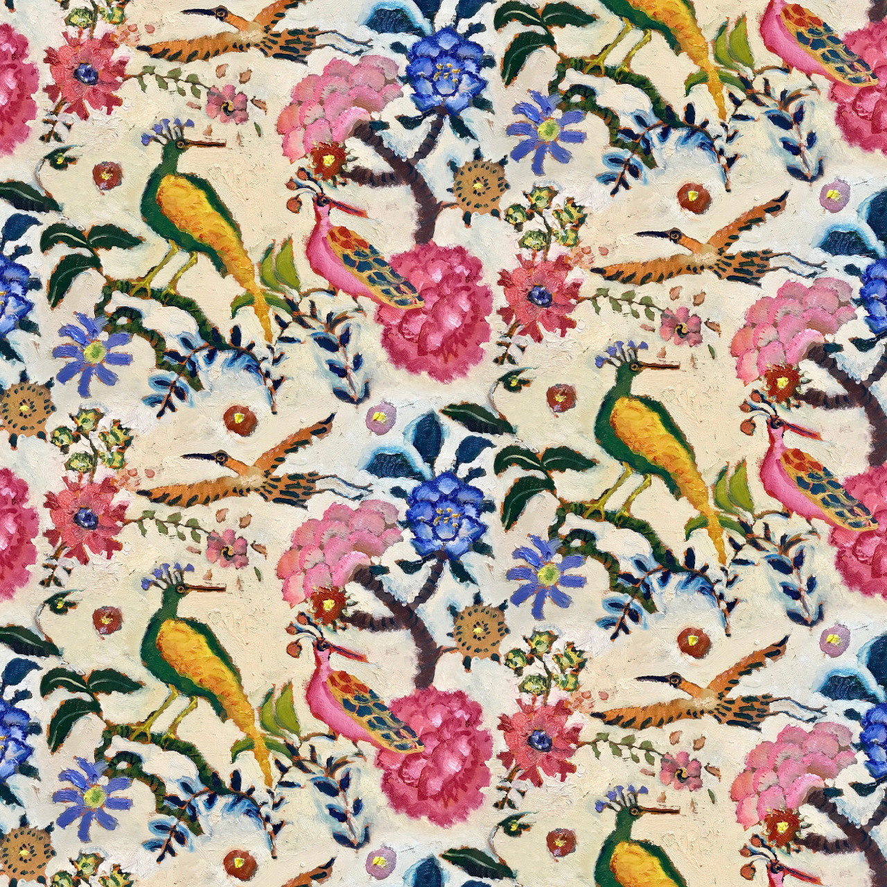Repeating pattern of colorful birds, flowers, and branches on a cream background