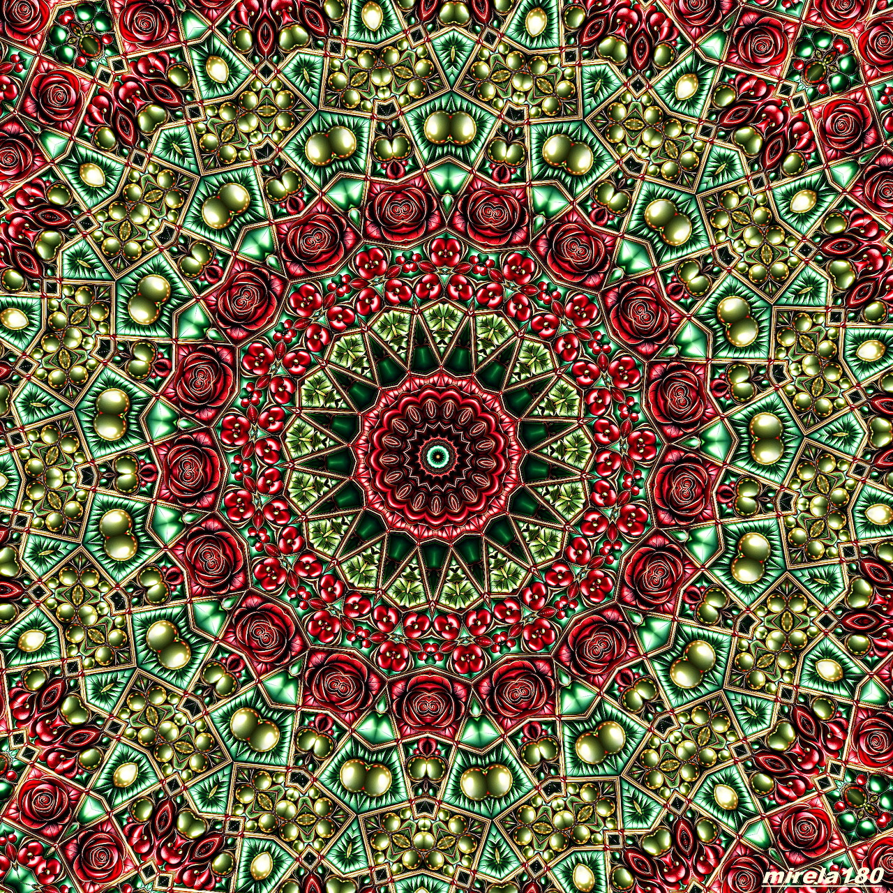 Intricate red and green mandala with symmetrical geometric patterns radiating from center