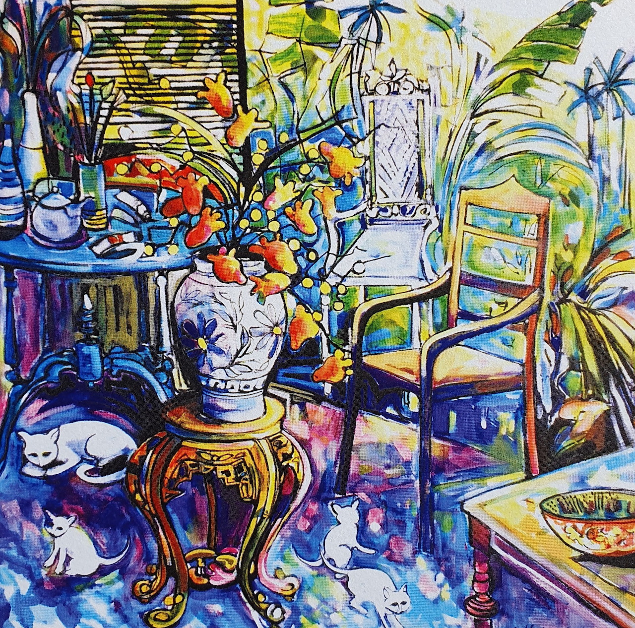 Colorful painting of interior with blue vases, tropical plants, ornate furniture and decorative objects