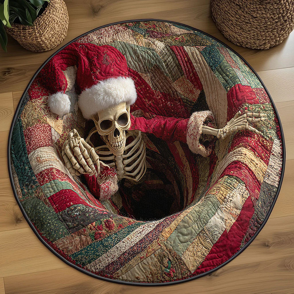 Skeleton wearing a Santa hat inside a round quilted cushion on a wooden floor