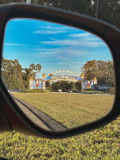 Disney park entrance gate seen through car side mirror with palm trees and blue sky