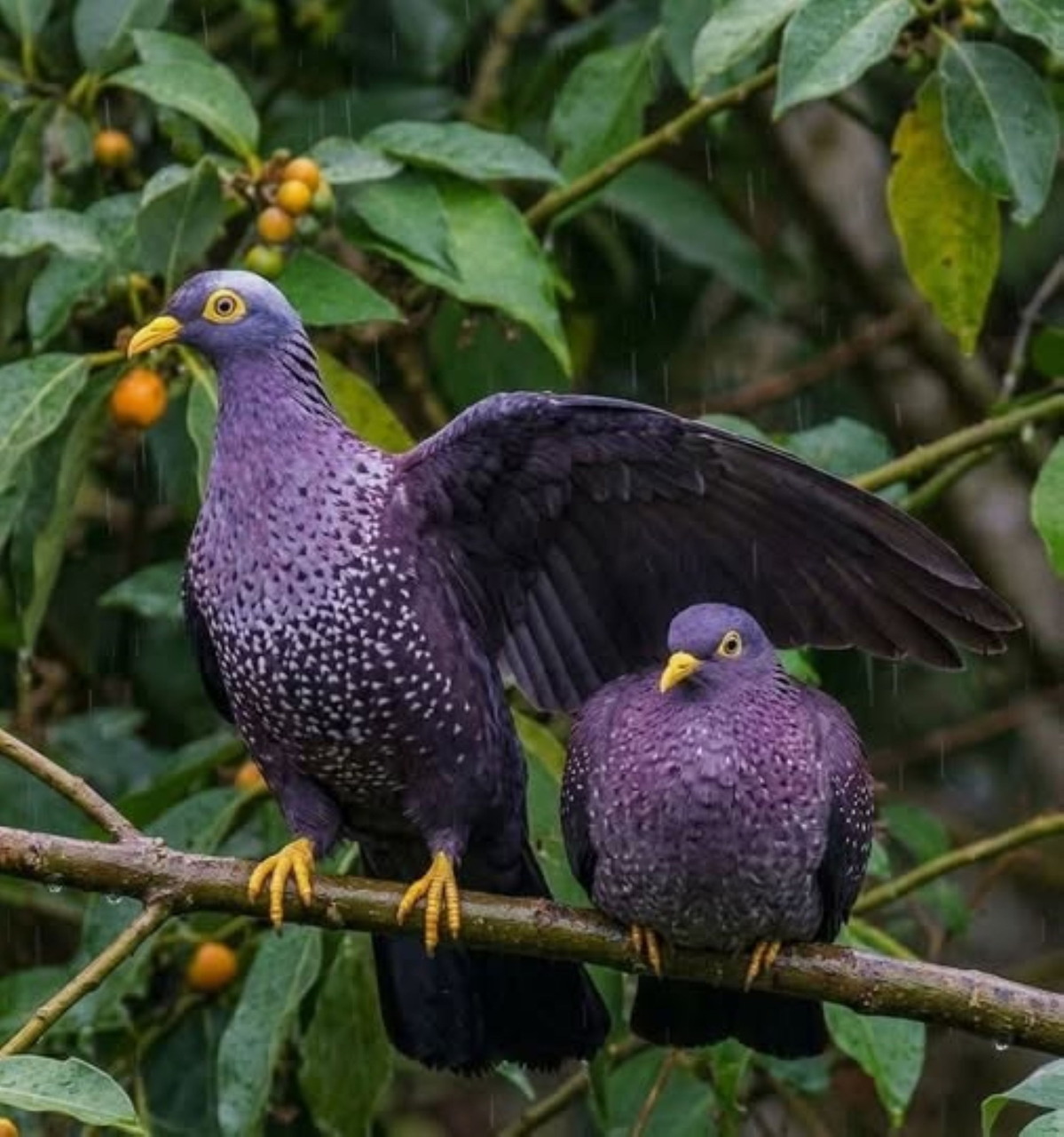 Two purple-speckled African olive pigeons perched on branches with green leaves and yellow berries
