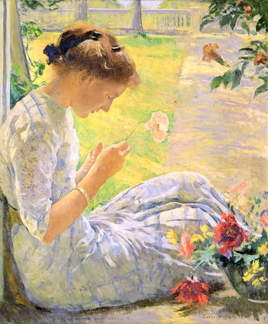 Painting of a seated young woman in a white dress cutting flowers in a sunlit garden