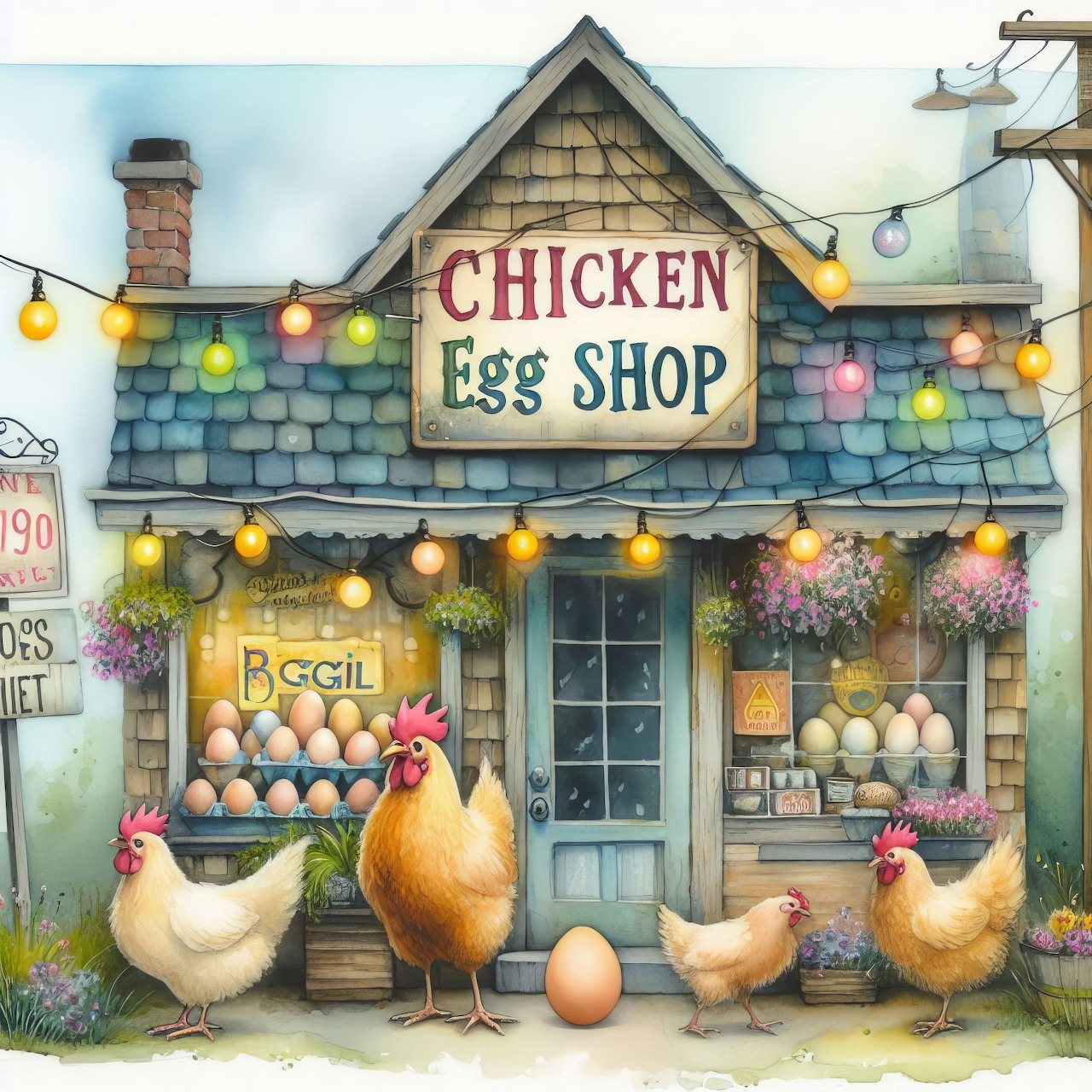 Illustrated cottage egg shop with chickens in front, flowers, and pastel colors