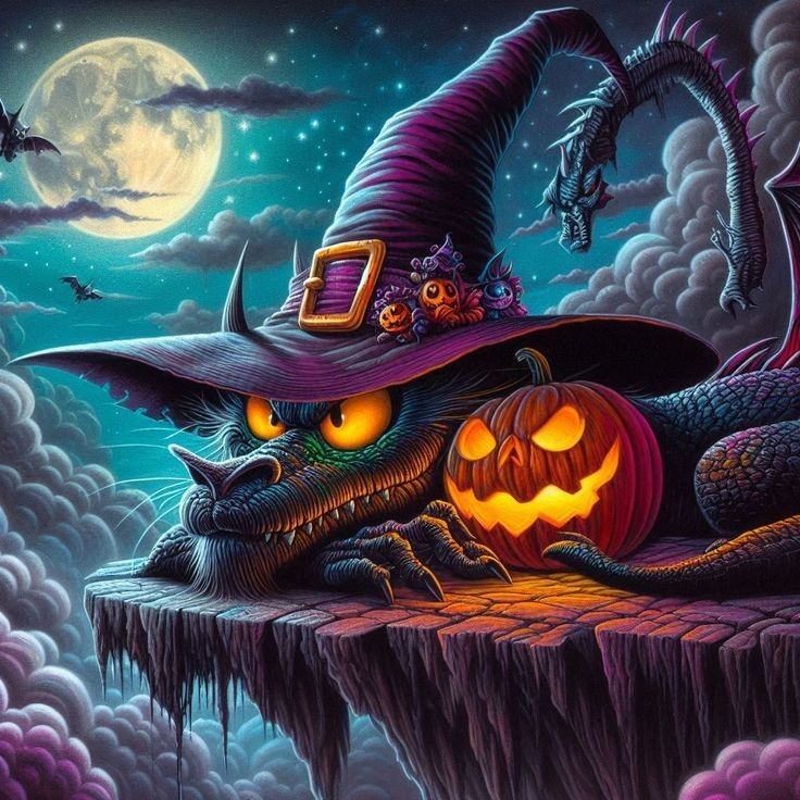 Illustrated dragon wearing a witch hat beside a glowing pumpkin on a moonlit cliff