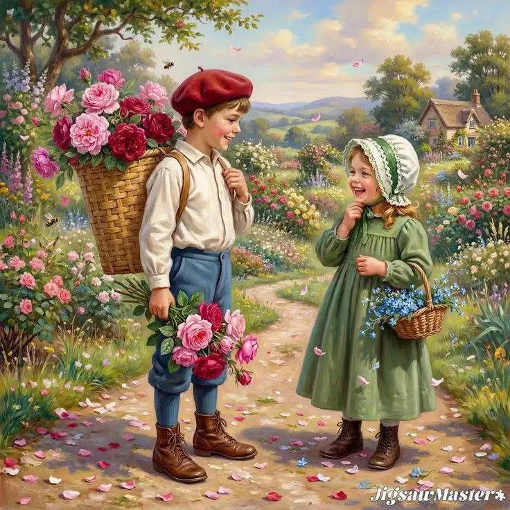 Boy and girl in vintage clothes holding flowers on a country path with cottage and garden