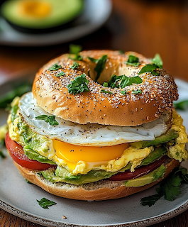 Stacked bagel sandwich with egg, avocado, tomato and sesame seeds on a plate