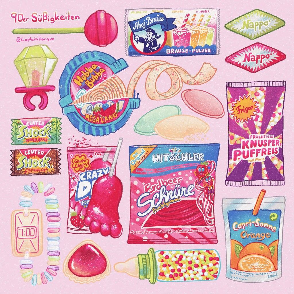 Illustration of assorted retro candy packages and sweets on a pink background