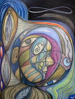 Colorful surreal abstract painting with swirling shapes, a stylized face, and an eye in flowing pastel tones