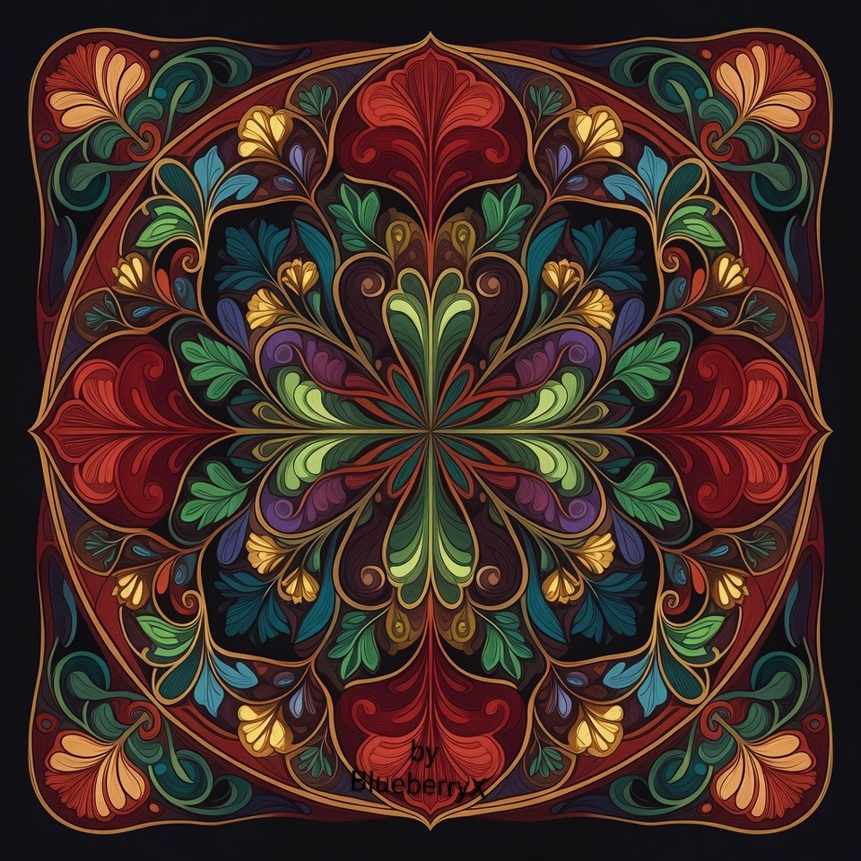 Colorful symmetrical mandala with ornate floral patterns in jewel tones against black background