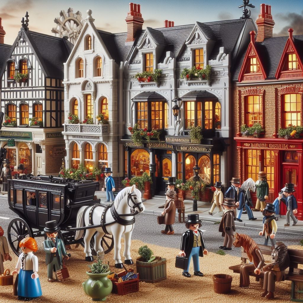 Miniature Victorian street with townhouses, a horse-drawn carriage, and people in old-fashioned clothing