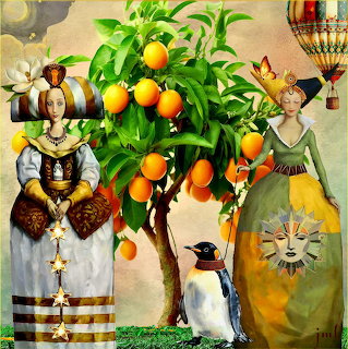 Surreal collage art with orange tree, vintage dressed figures, hot air balloons, and sun face on beige background