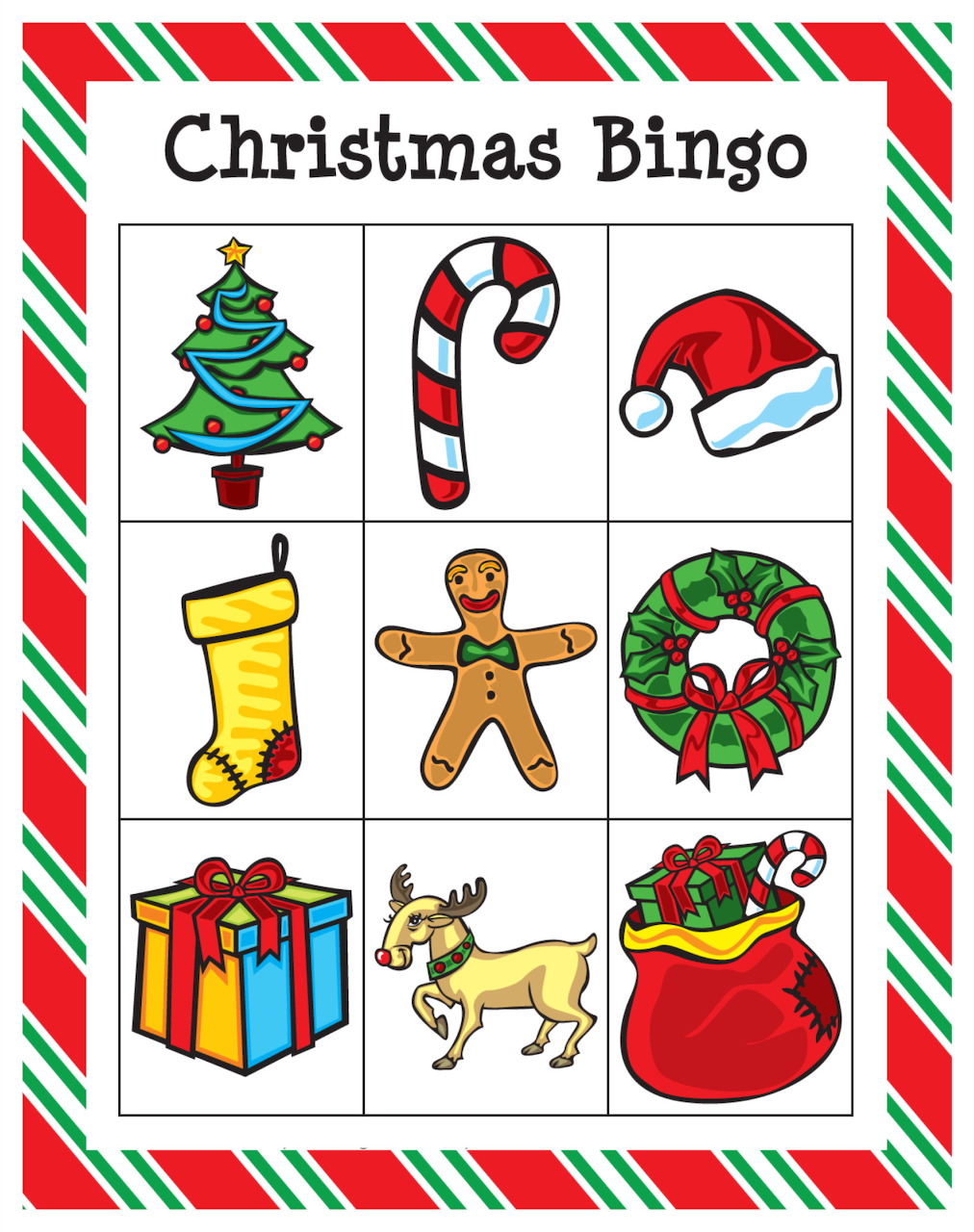 Christmas bingo card with nine holiday-themed illustrations in a three-by-three grid surrounded by red and green striped border