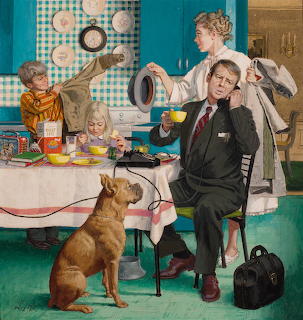 1950s family breakfast scene with parents, children, and dog in retro kitchen