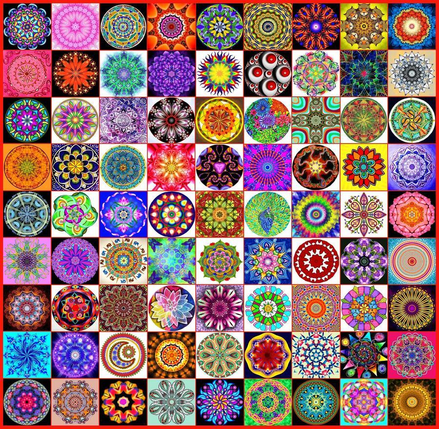 Grid of 100 colorful mandala designs in squares, each showing unique circular patterns and vibrant colors
