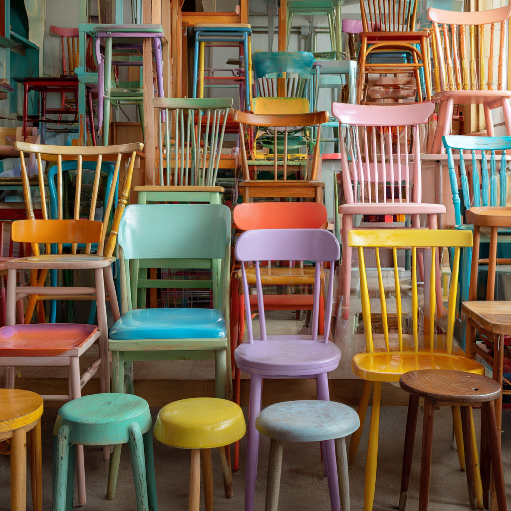 Rows of vintage wooden chairs painted in various pastel colors