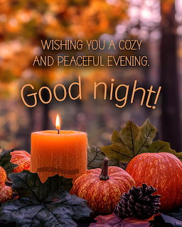 Lit orange candle surrounded by mini pumpkins and fall leaves with Good Night text overlay