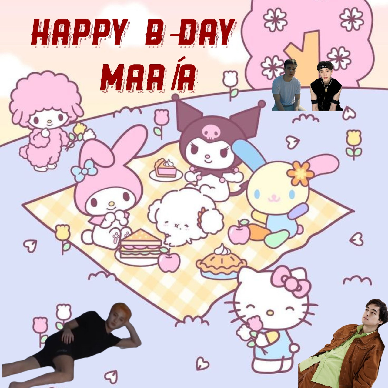 Birthday party illustration with cartoon characters, people, and cake on pink background